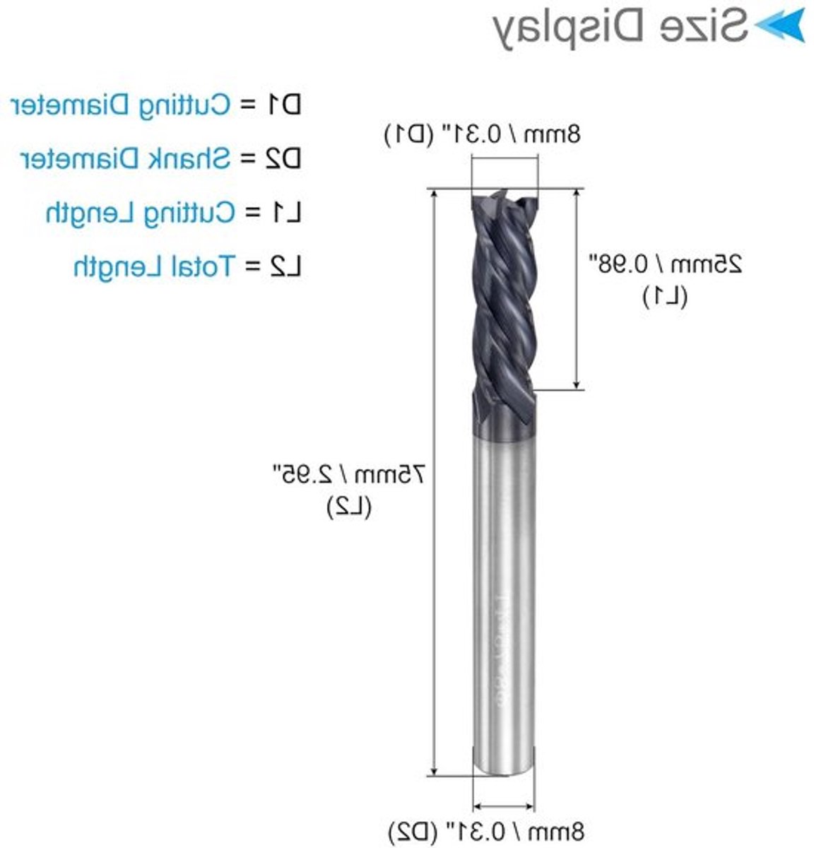 Vierkante frees voor CNC-machine, 8 mm x 25 mm, hardmetaal met Altin coating, ideaal voor frezen van roestvrij staal en andere harde materialen
