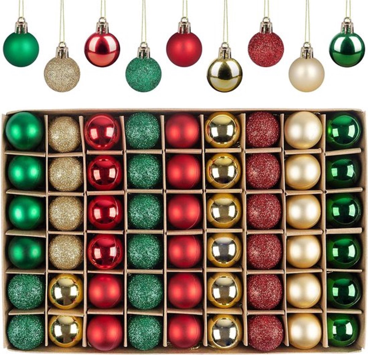 54-delige set mini kerstballen met touwtjes voor kerstboomdecoratie in rood, groen en goud - 30 mm kleine onbreekbare ornamenten