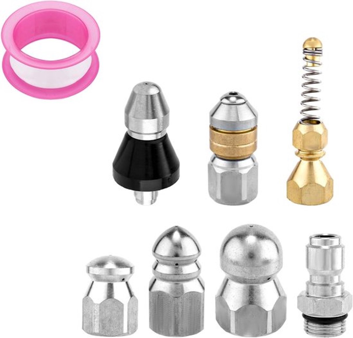 8-delige set voor het reinigen van afvoeren met hogedrukspuitkop, 1/4 inch NPT koppelingen en tape, roestvrijstalen spuitkop voor hogedrukreinigers tot 5000 PSI