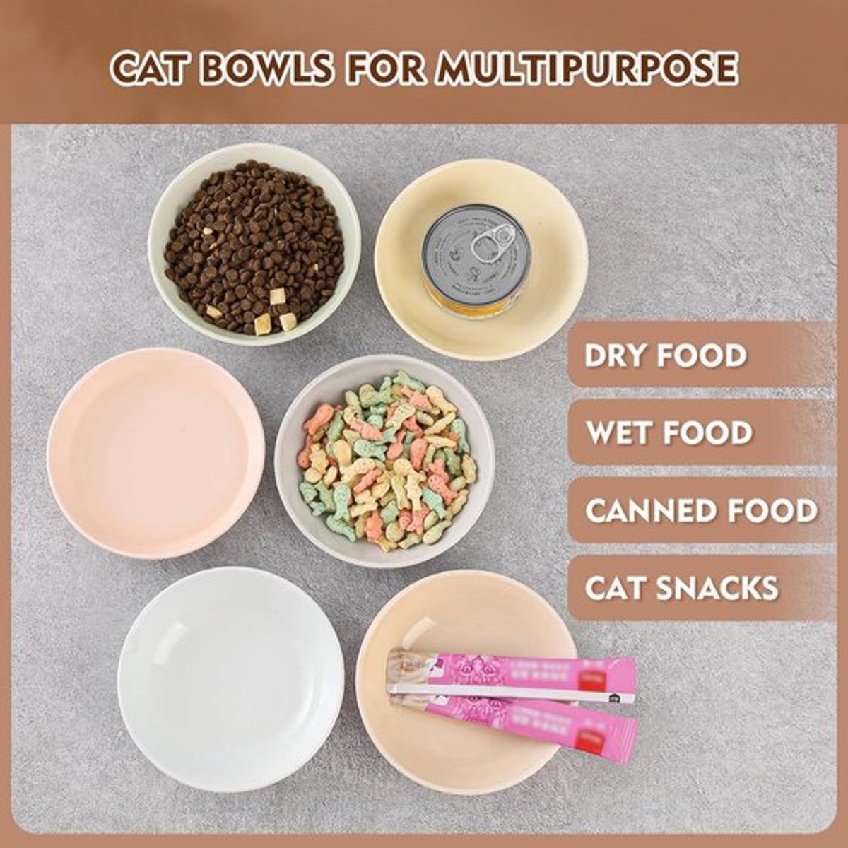 Kattenvoerbakset - Kleurrijke voerkommen met antislipmat - Snorharvriendelijke borden - Magnetron en vaatwasmachinebestendig - 6 stuks