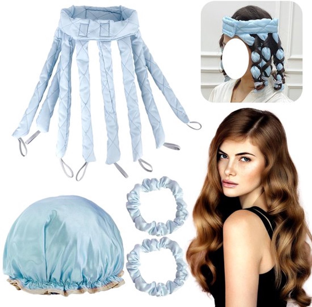 Haarkrulspelden Hitteloos - Krulspelden voor Lang Haar - Doe-Het-Zelf Haarstylingtools - Slapen Gebruik - Inclusief Scrunchies en Haar Bonnet - Krulset