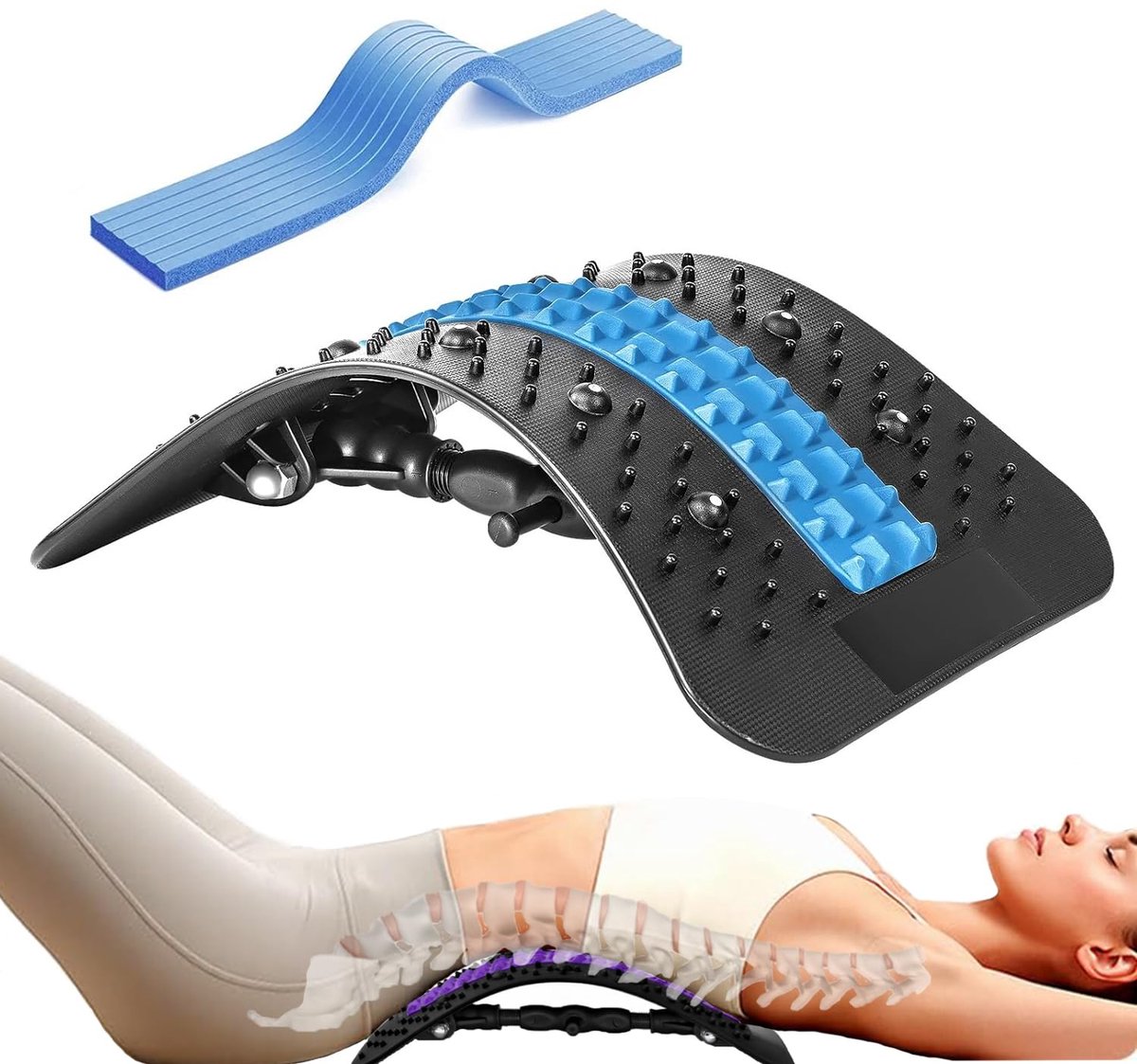 SnelShoppen - Cnwinu Rugstretcher Apparaat, Verstelbare Rugtrainer met Massagepunten, Lendensteun voor Hernia, Scoliose en Ischias - Blauwzwart, Ergon