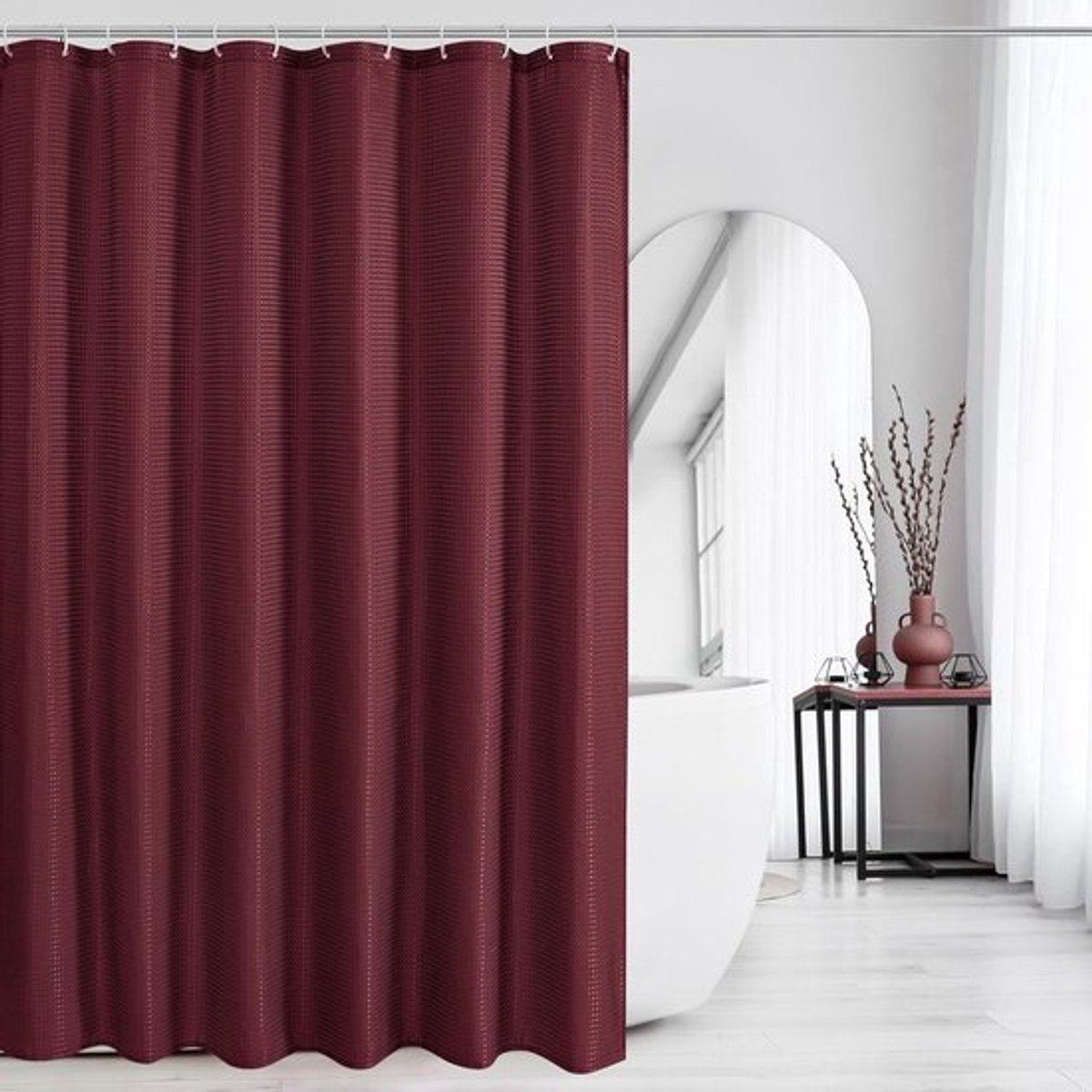 Bestendige Douchegordijn Set voor Badkamer met 12 Haakjes, Wafelstof, Wasbaar en Stijlvol (Bordeaux, 180x180cm)