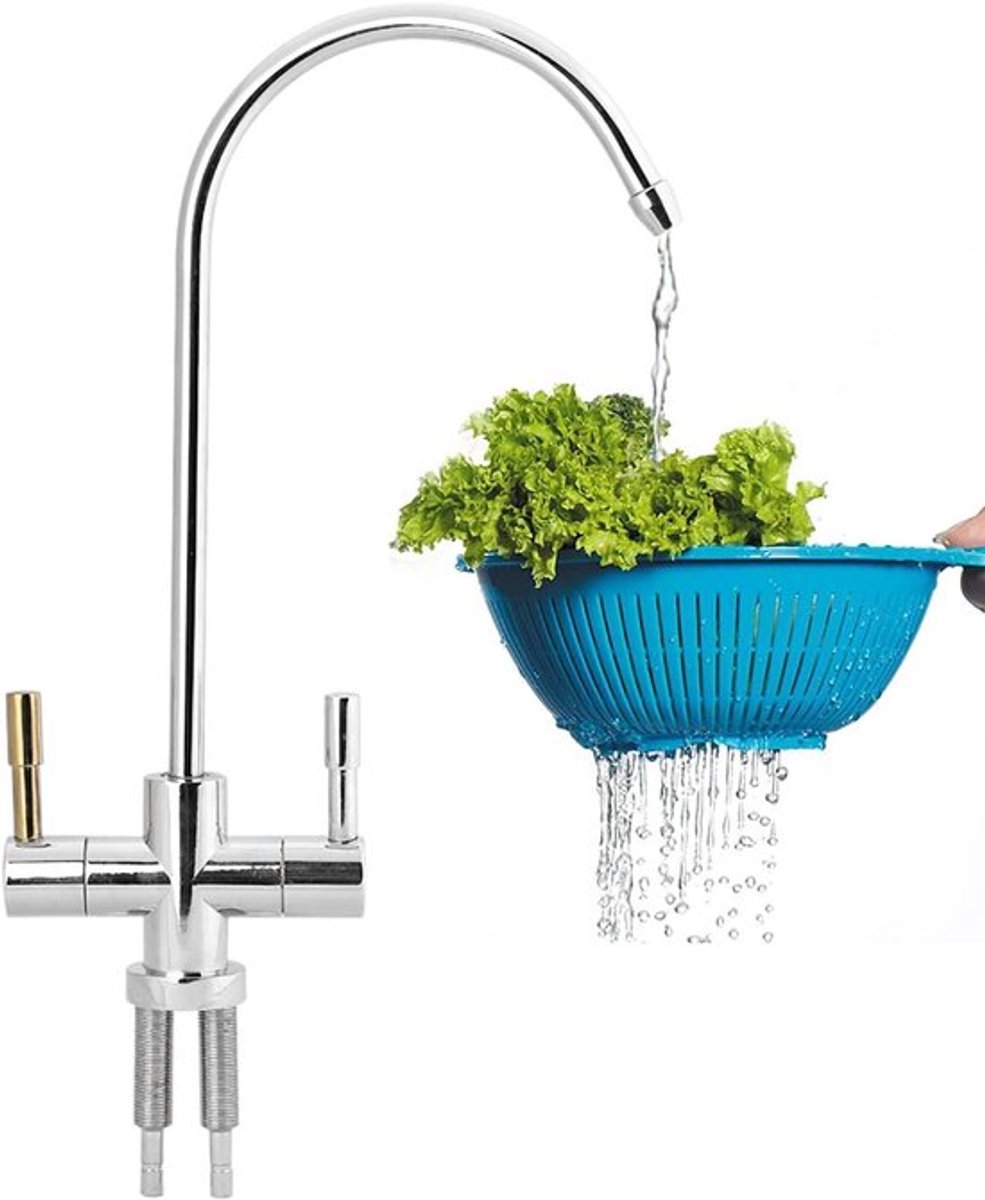 Gootsteenkraan - Drinkwaterfilter - Dubbele gaten - Keuken - Gefilterde kraan - Omgekeerde osmose - Roestvrij staal - Geschikt voor keuken - Zilverkleurig.