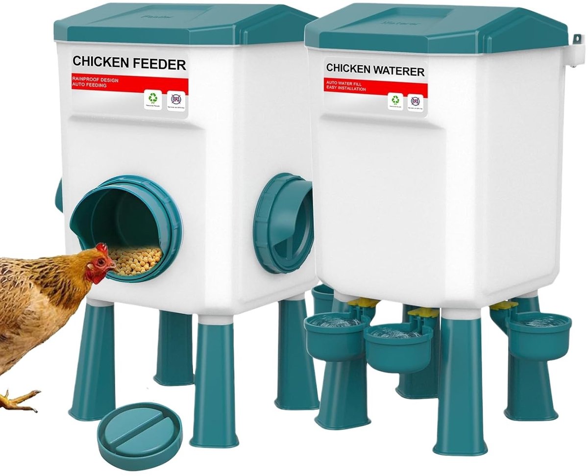 Complete Kippenvoer- en Drinkset, 8 kg Voederdispenser en 7L Drinkbak voor Buiten, Ideaal voor Pluimvee met Verwijderbare Poten en Duurzaam Ontwerp