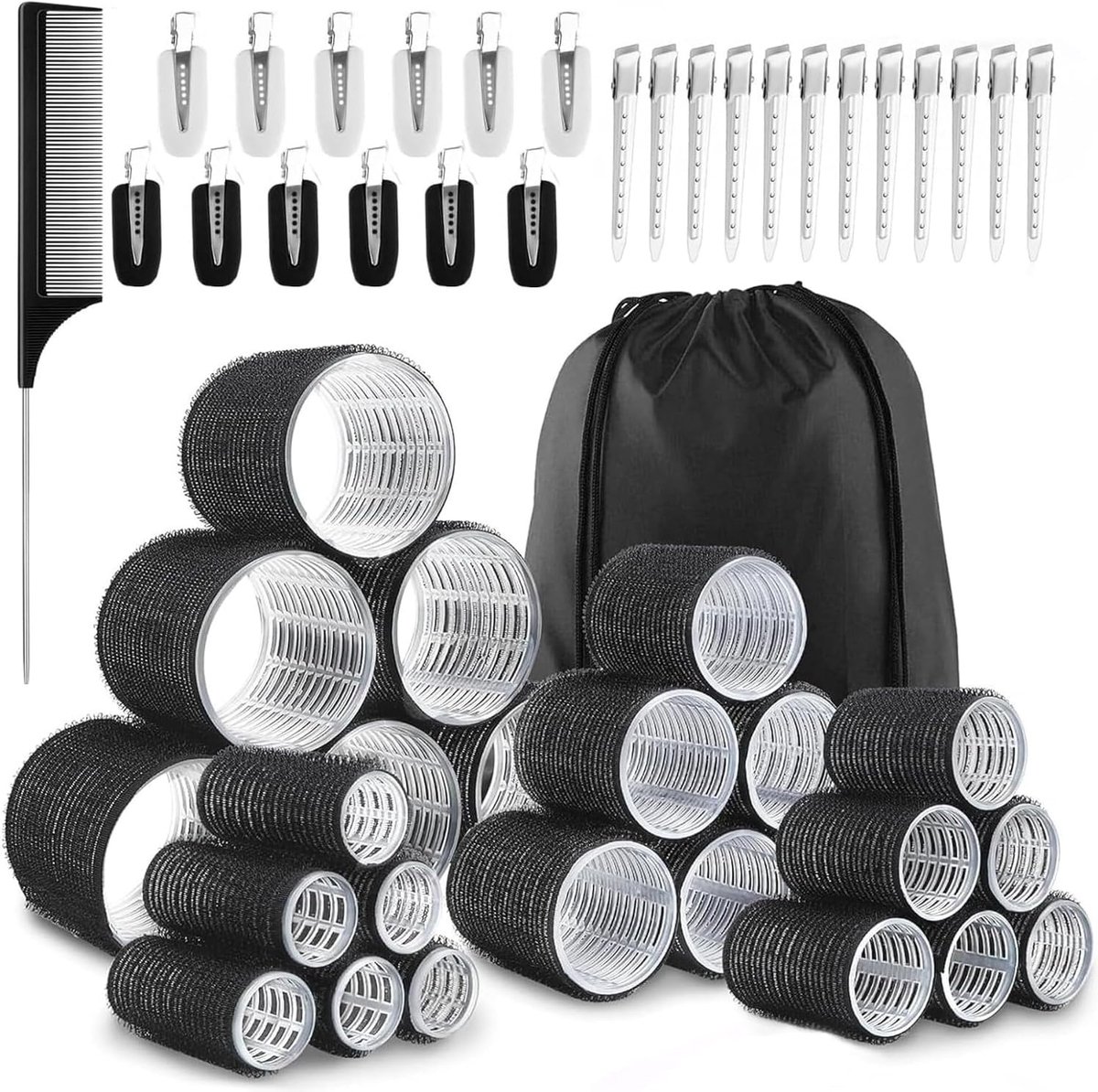 SnelShoppen - 50 stuks krulspelden set met opbergtas, 4 maten haarrollers 60/48/36/25 mm, roestvrijstalen clips voor lang, medium en kort haar, perfec