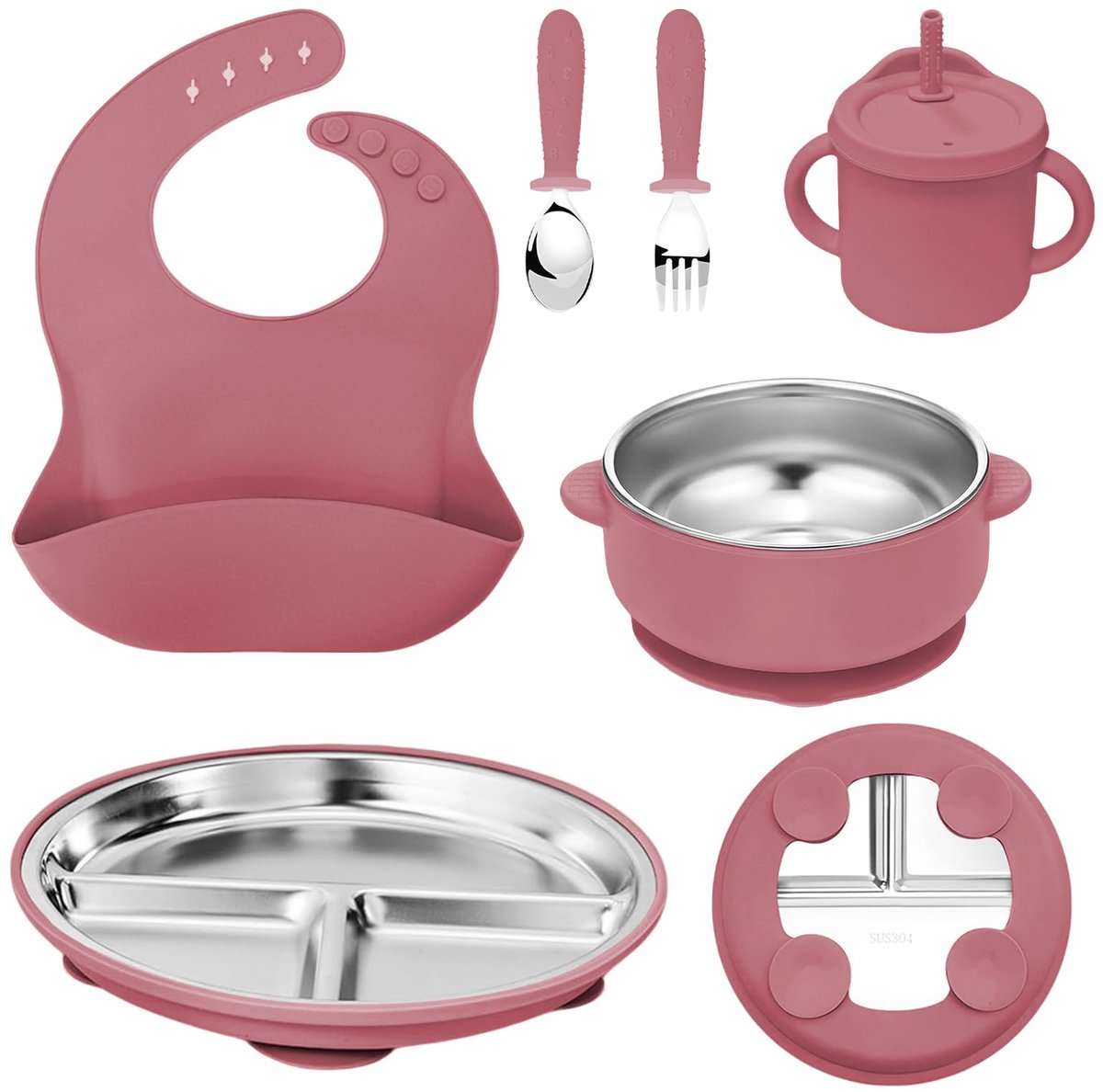 SnelShoppen - 6-in-1 set voor kinderen - Roestvrij staal met siliconen coating - BPA-vrij - Afneembare platen - Gedeeld bord met zuignap - Kom - Beker