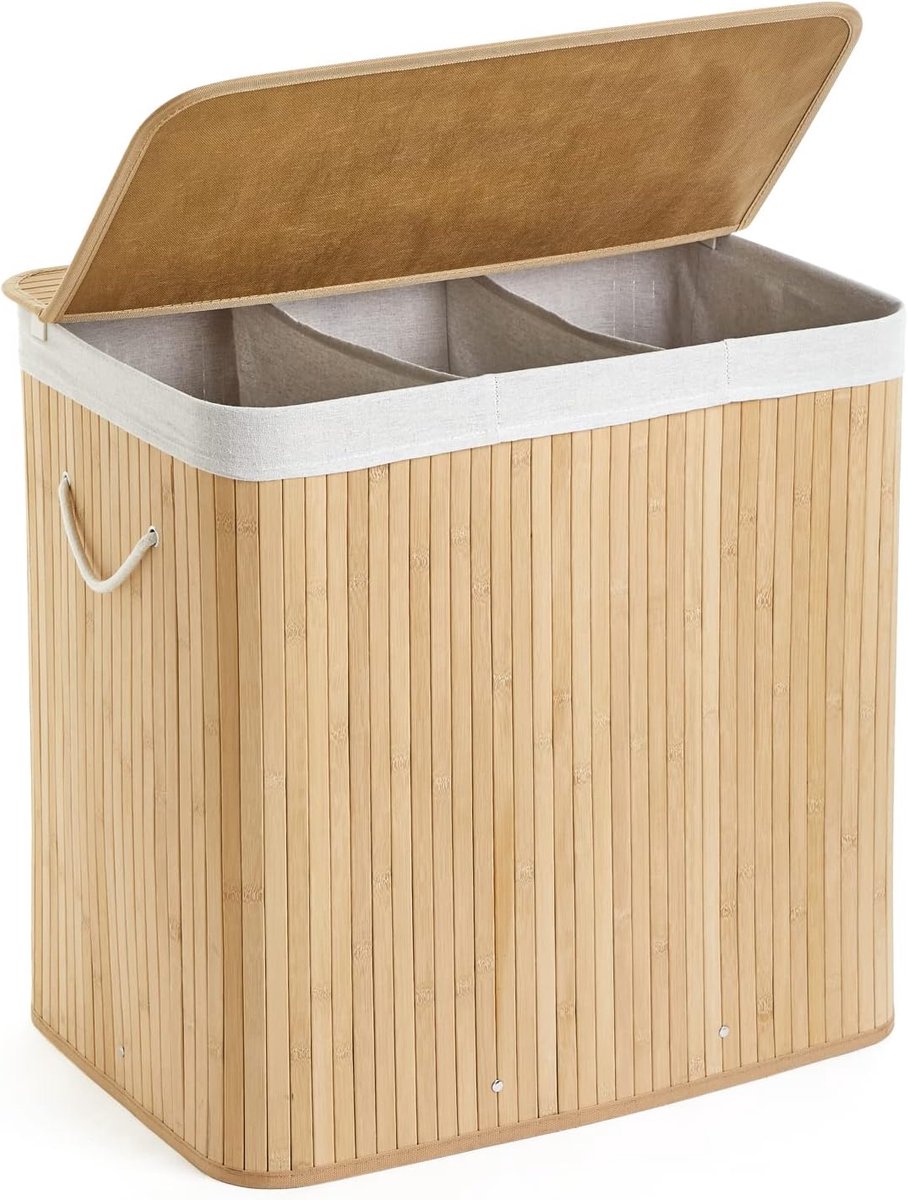 SnelShoppen - Bamboe Wasmand met Deksel, 150 Liter, 3 Vakken, Opvouwbare Wasmand met Handgrepen, Afneembare Wasbare Voering, 60 x 40 x 61 cm, Natuurli
