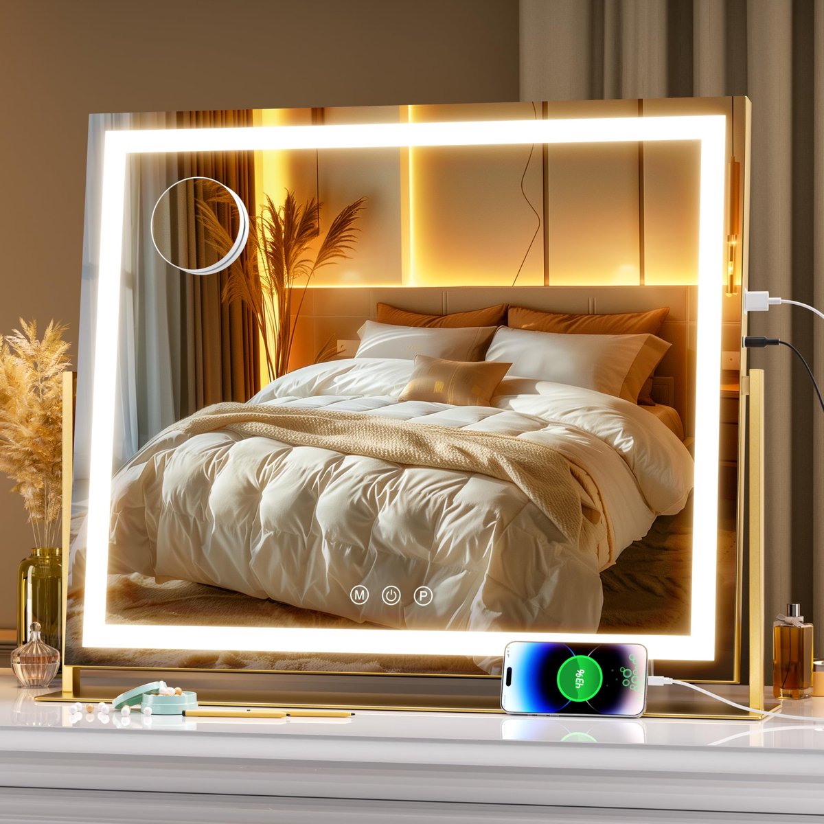SnelShoppen - Schminkspiegel met Beleuchtung 60 x 50 cm, LED Kosmetikspiegel met USB-Lade aansluiting, 360° Draaiend Tafel Spiegel voor Make-up in Gou