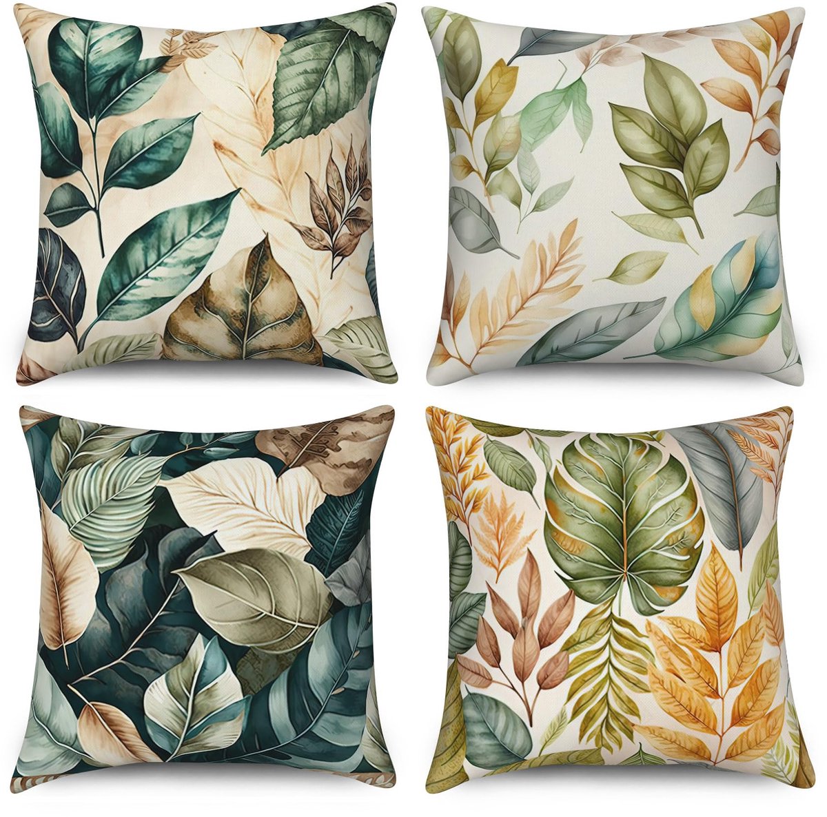 SnelShoppen - Set van 4 Kussenslopen 40 x 40 cm, Moderne Kunst Blauw, Groen, Bladeren voor Bank, Decoratieve Kussen, Wasbaar, Polyester, Imitatie Linn