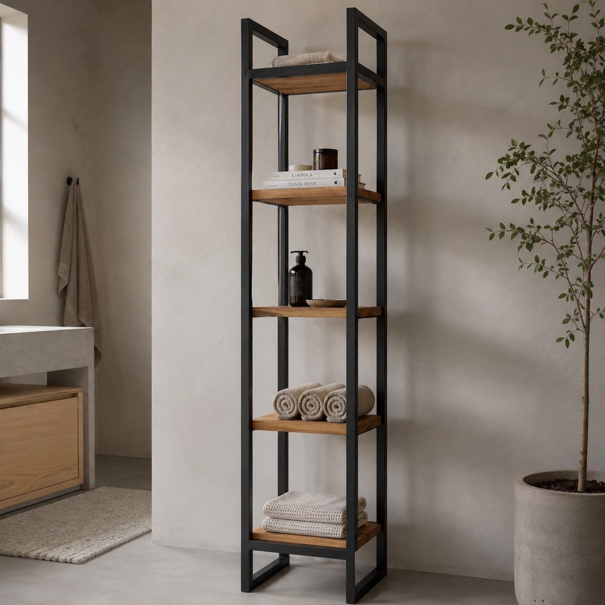 Badkamerkast Soho – Hoge smalle stellingkast van hout en staal – Open kast – 35 x 35 x 190 cm