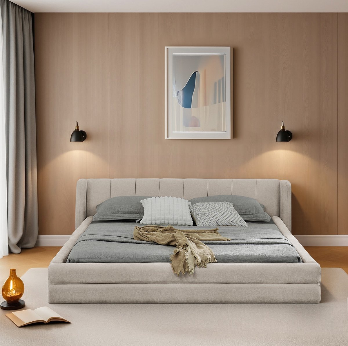 COVREO Bedframe met chenille bekleding – 160x200 cm – Dubbel bed met stevige ondersteuning – voor slaapkamer – Beige - zonder matras