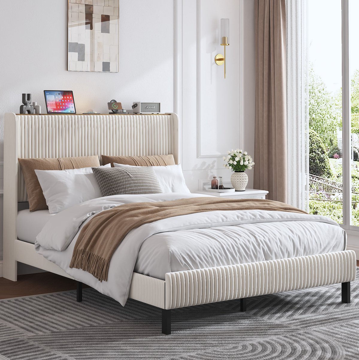 COVREO Bedframe met hoofdbord – 140x200 cm – Platformbed van corduroy – met metalen latten en 9 poten – Beige+Cream - zonder matras