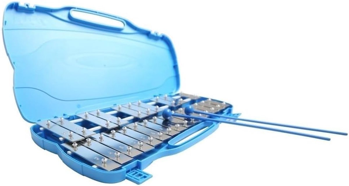 Klokkenspel met 25 metalen klankplaten, chromatisch, inclusief 2 hamers, kunststof etui, blauw