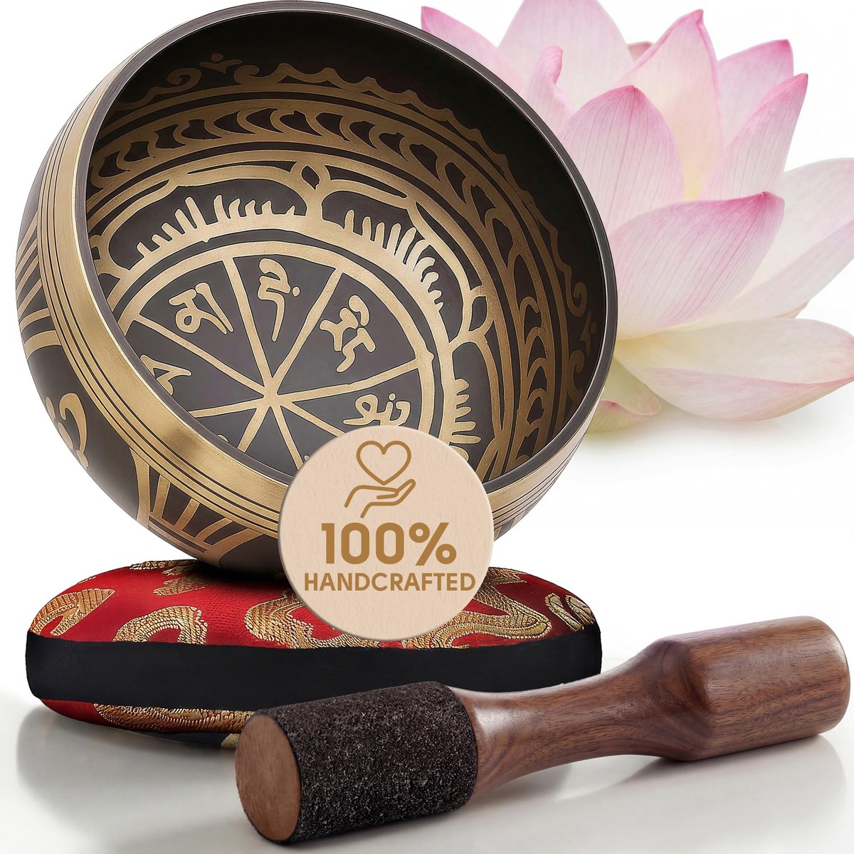 SnelShoppen - Tibetaanse klankschaal set - Antiek lichtbruin met dubbelzijdige hamer en zijden kussentje - Ideaal voor chakra healing, mindfulness en