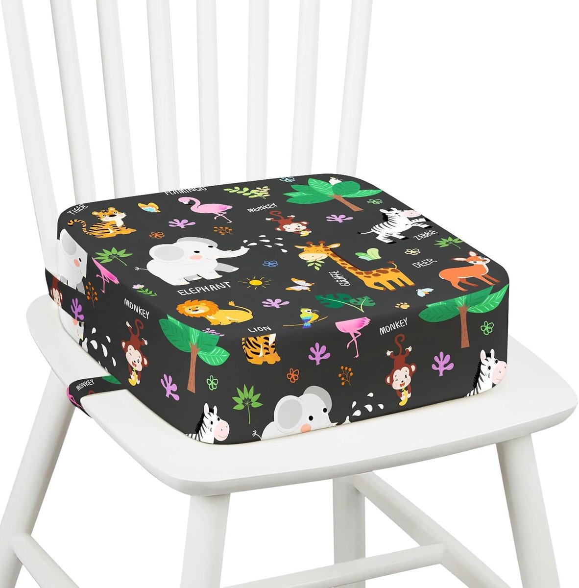 SnelShoppen - Peuterstoelverhoger Eettafel 10 cm Dikke Spons Antislip Kinderstoelverhoger met Verstelbare Riemen, Jungle Dieren, Sterke Ondersteuning,