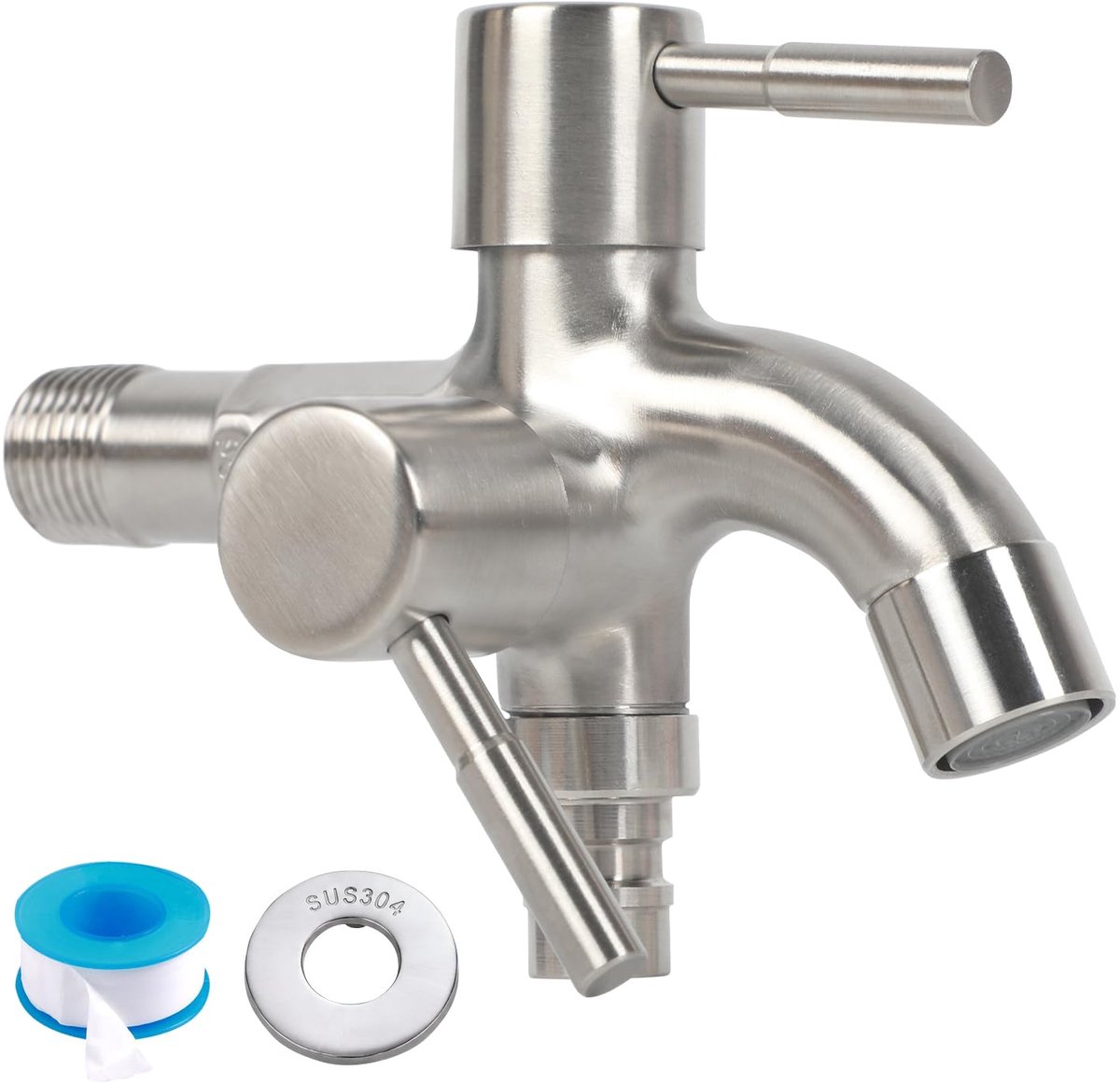 SnelShoppen - Dubbele kraan, multifunctionele 304 roestvrij stalen kraan met 1/2 inch aansluitingen, ideaal voor wasmachine, tuin, badkamer en keuken