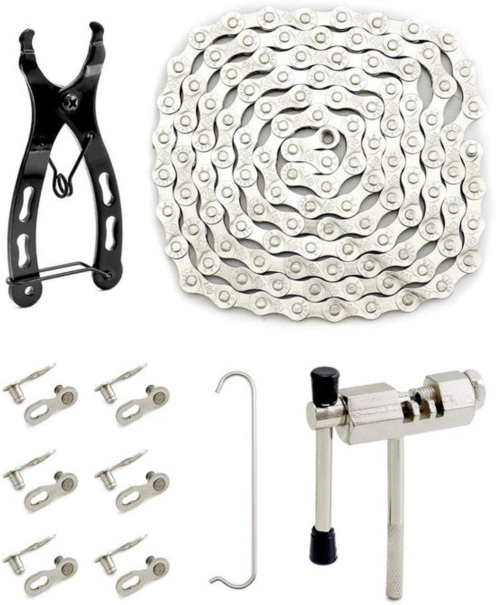 Fiets Kettingset 1/2 x 3/32 Inch met Kettingbreker en Kettingchecker, Inclusief 6 Pairs van Gebroken Fietskettingen voor 6/7/8 Versnellingsfietsen en Mountainbikes