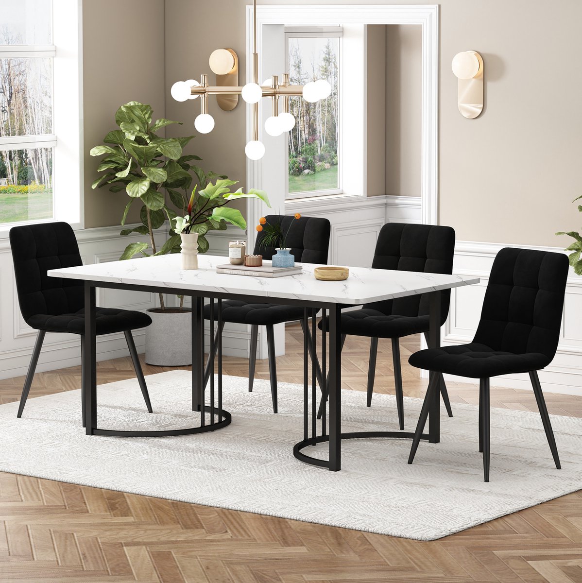 COVREO Eetset 140x80 cm wit en zwart, MDF en metaal met 4 stoelen
