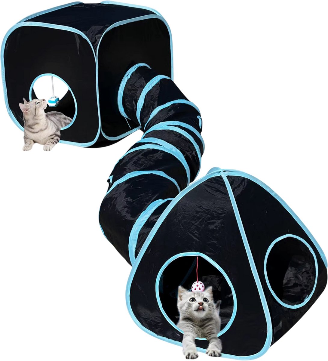 Opvouwbare Kattentunnel voor Binnenkatten – Katten Speeltunnel met Kubustent, Crinkle Tunnel, Katten Speelgoed, Kiekgat en Speelbal