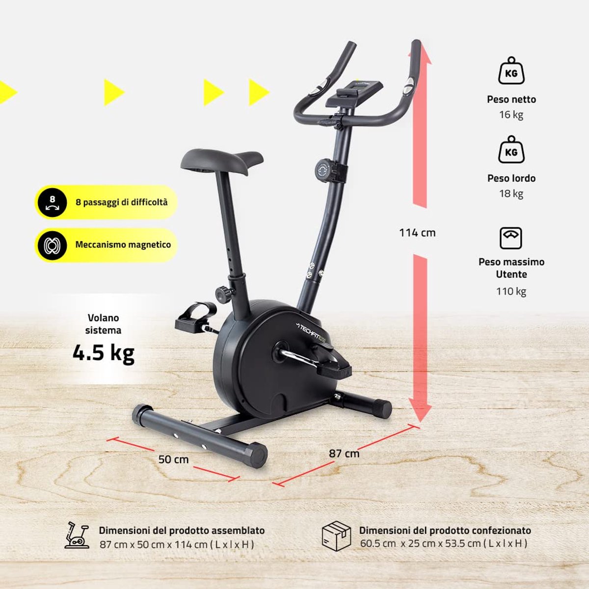 SnelShoppen - TechFit Hometrainer met 4,5 kg Vliegwiel, Magnetisch Systeem met 8 Niveaus, Tablethouder voor Thuis Fitness en Cardio Training