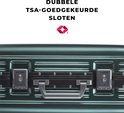 Dubbele TSA-goedgekeurde sloten op een donkergroene DAKOZO koffer.