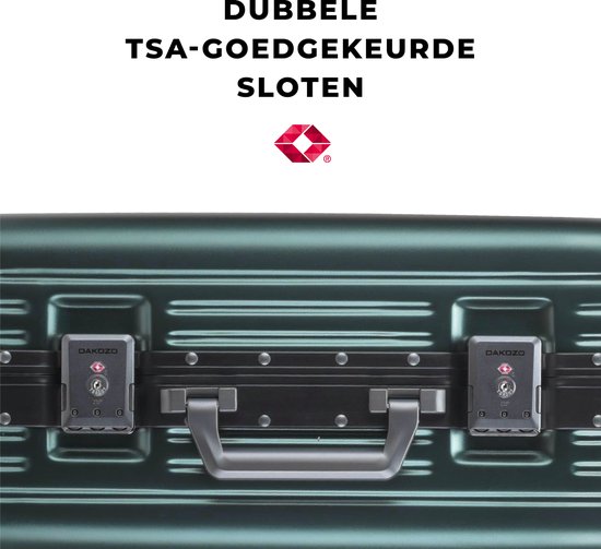 Dubbele TSA-goedgekeurde sloten op een donkergroene DAKOZO koffer.