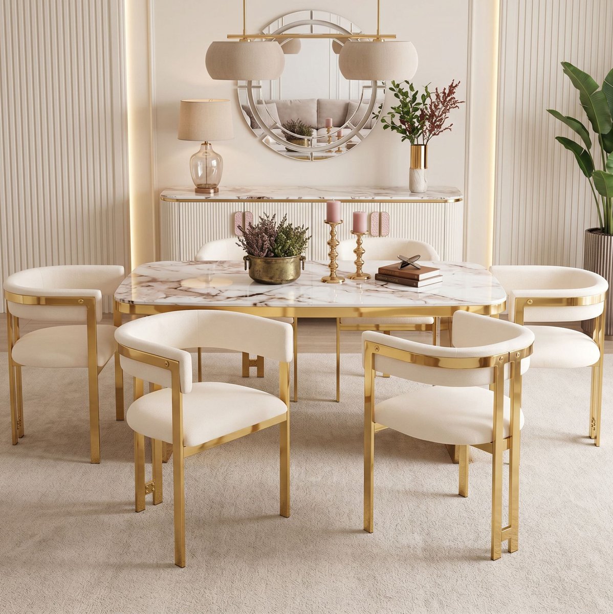 HAUSS SPOLE Eetkamerstoel - Modern Chenille Ontwerp - Set Van 6 - Met Armleuning En Goudkl