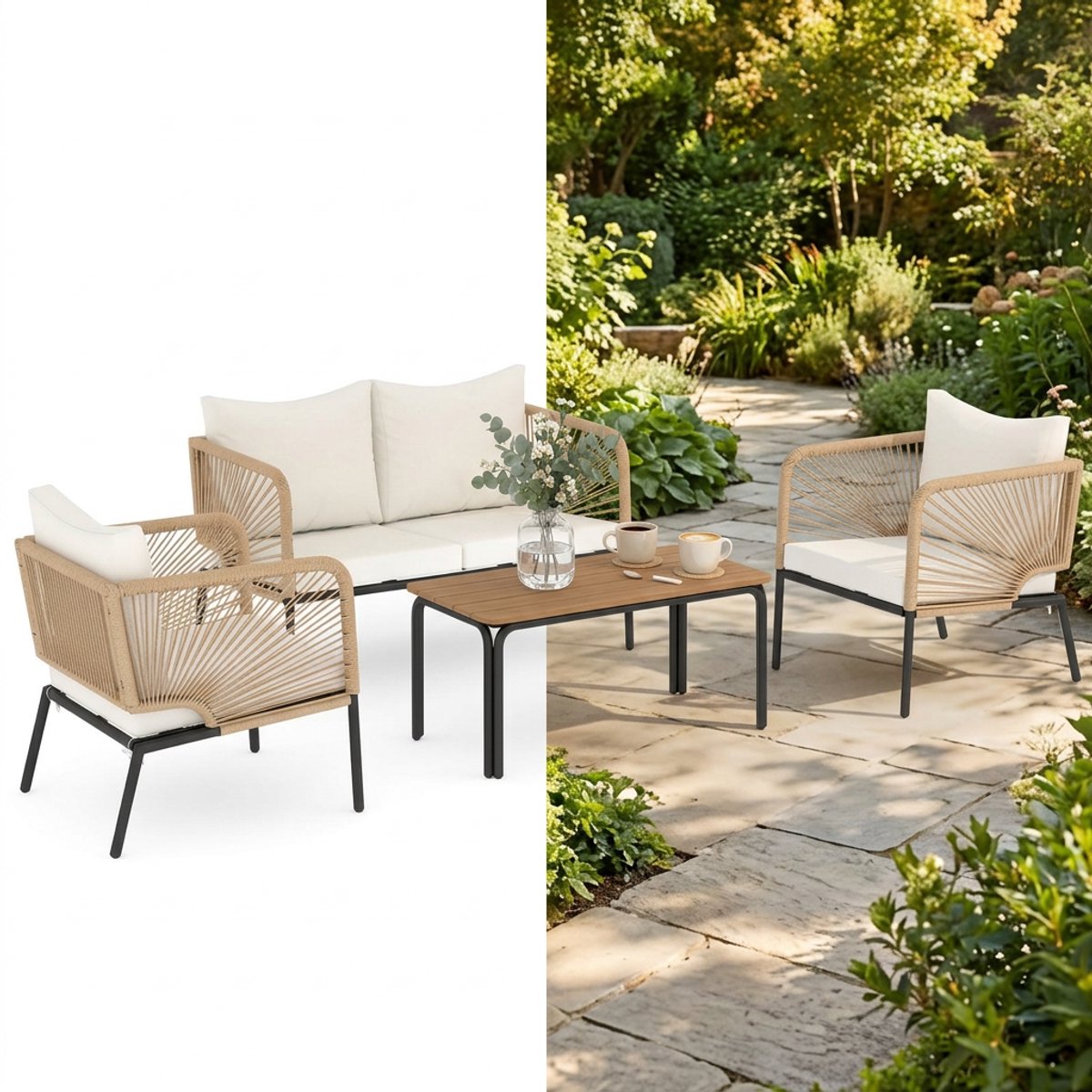 Balkonset 4 personen - Tuinset - Bistroset - Wit + Bruin + Teak - Weerbestendig - 4 delig - Tuintafel en 4 stoelen - 4 personen - Metaal