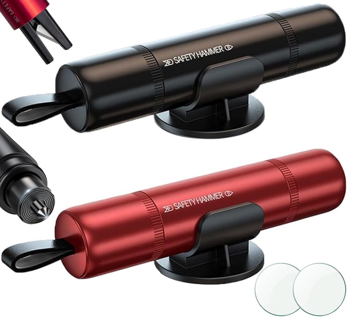 Autoveiligheidshamer en raambreker - Set van 2 - Noodraambreker - Draagbare raambreker en gordelsnijder - Met testglas - Noodgereedschap voor alle voertuigen (zwart en rood)