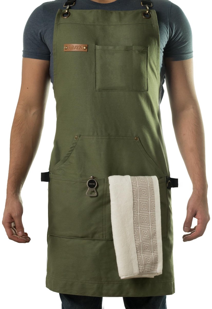 SnelShoppen - Chef-kok Schort met Flesopener en Handdoek - Duurzaam Katoenen Canvas, Messing Hardware, Gekruiste Bandjes - Groen voor Koken, Barbecue