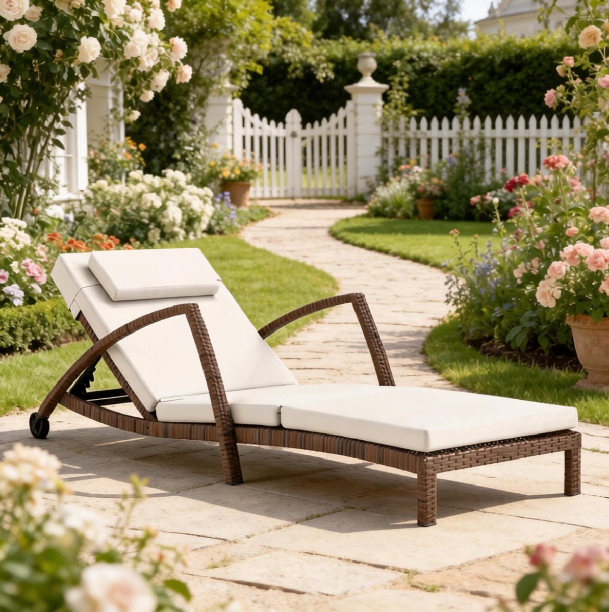 HAUSS SPOLE Ligbed - Chaise Lounge Met 5-Standen Verstelbare Rugleuning En Wielen - Voor Tuin En Terras - Staal En Geweven Hars - Beige Bruin