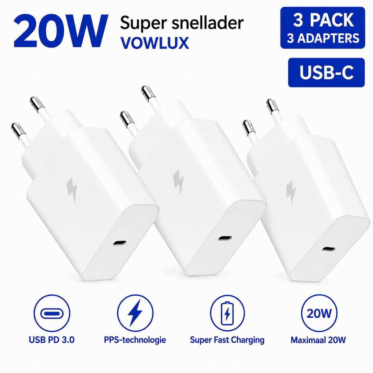 Super Snellader Super Smart Chip USB-C Snellader 3 Stuks Adapters – Gecertificeerd EU – 3 Stuks Adapter Blok Lader Stekker PD 3.0, PPS Smart Charge Geschikt voor Samsung Super Fast Charging Afhankelijk van het model – Wit