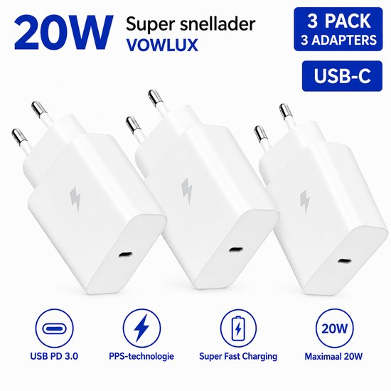 Trois chargeurs rapides blancs VOWLIX 20W USB-C avec un symbole d'éclair. Lot de trois.