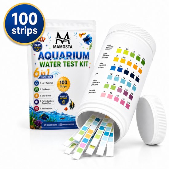 Fles aquarium teststrips en een zak met 100 strips, met een kleurenschaal voor waterparameters.