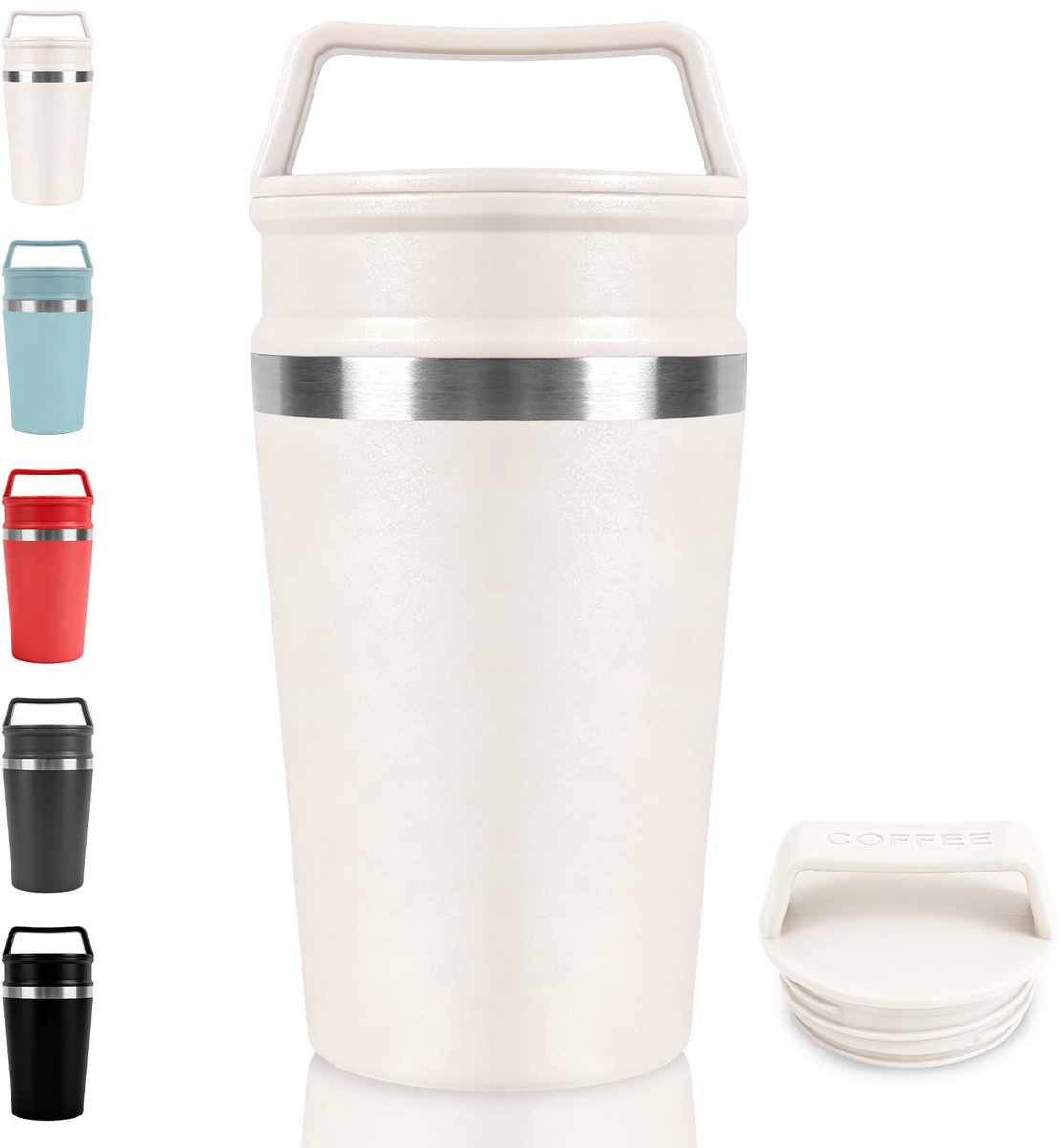QTTVBTNA -Isolatiefles - Koffiebeker - 320 ml, roestvrij staal, dubbelwandig - Houdt warm 6-12 uur - 2-traps deksel (open / gecontroleerd) -Lekvrij, BPA-vrij, vaatwasmachinebestendig - Past in autobekerhouder - Wit