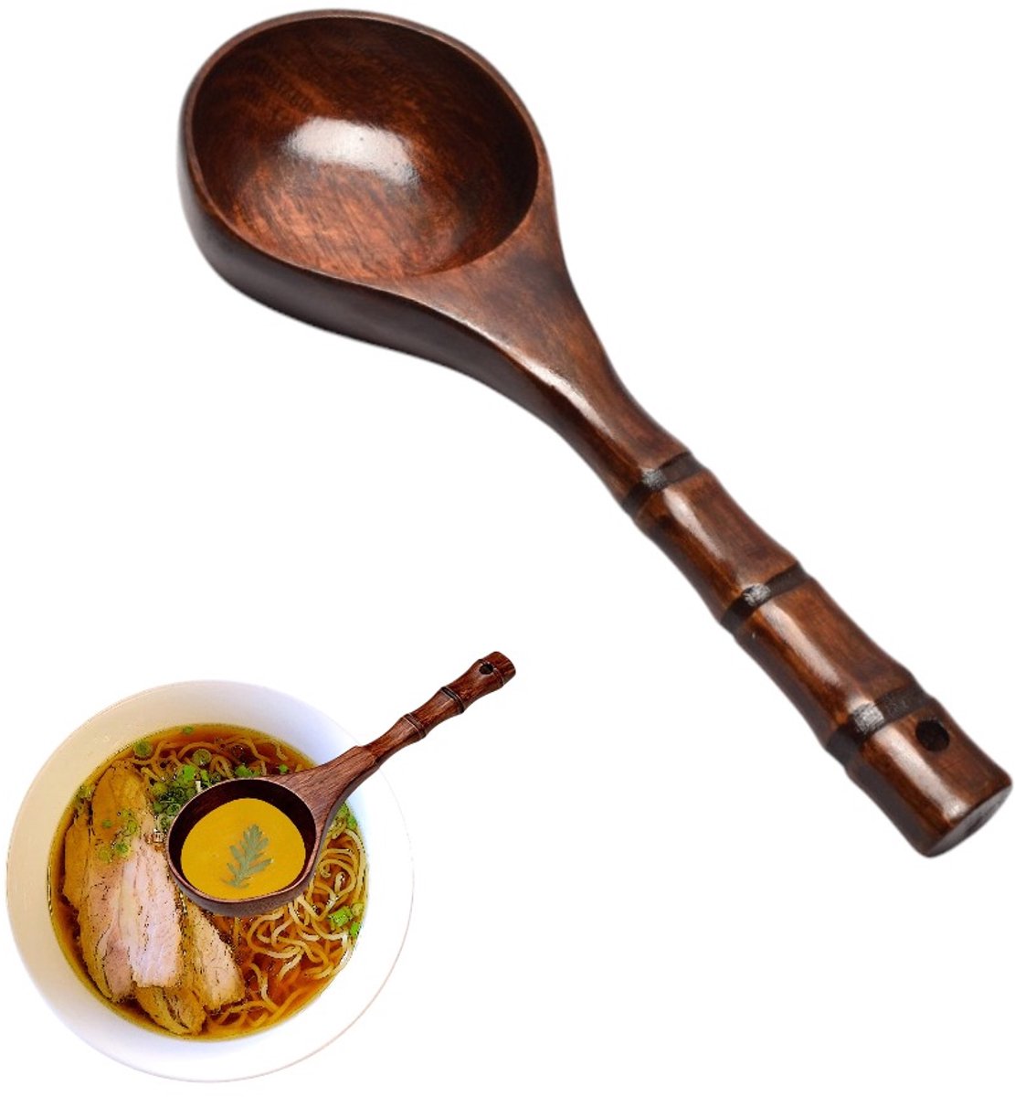 Roodbruine houten lepel in bamboevorm - Lepel met lange steel - Bestek - Grote soeplepel - Keukengerei - Roerlepel voor ramen/rijst - Eenvoudig ontwerp - 25,5 x 9 cm