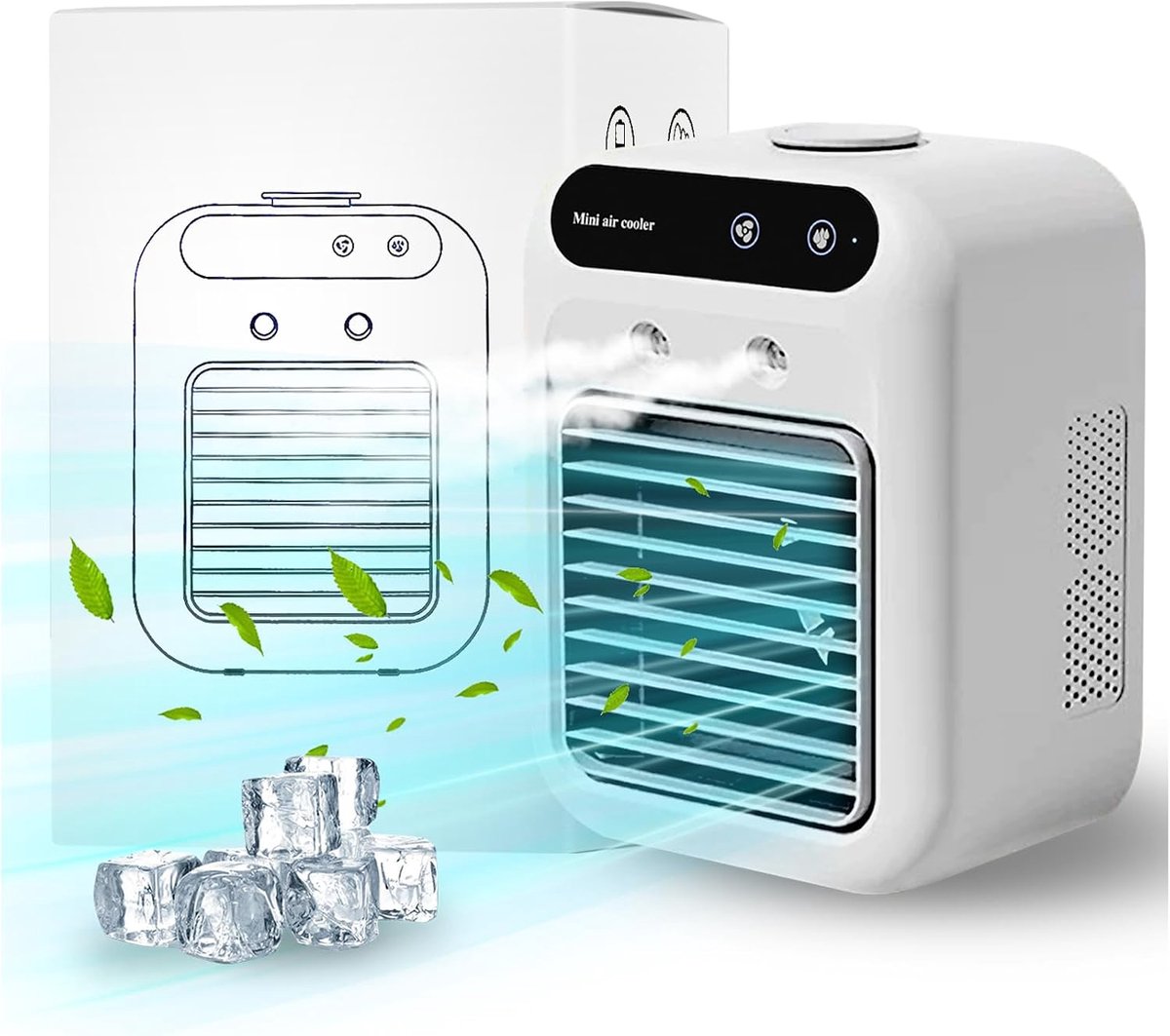 Persoonlijke Airco Oplaadbaar | Mini Air Conditioner met Vernevelingsbevochtiging, 2‑snelheden, Spray‑koeling, Persoonlijke Air Cooler, Geschikt voor thuis, kantoor, slaapkamer en kamperen