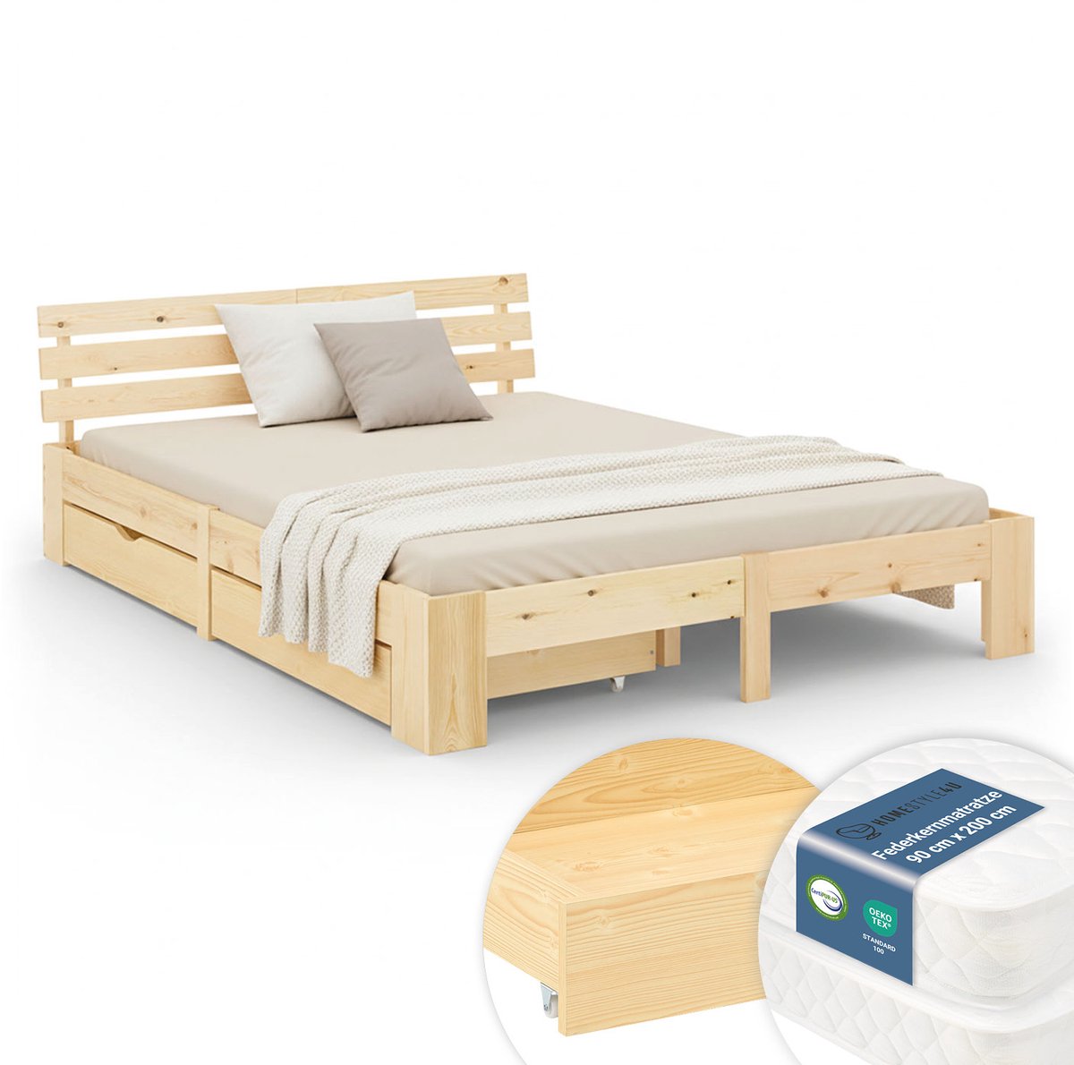 Homestyle4u Tweepersoonsbed - 180x200 cm - met Binnenveringmatras - Natuur