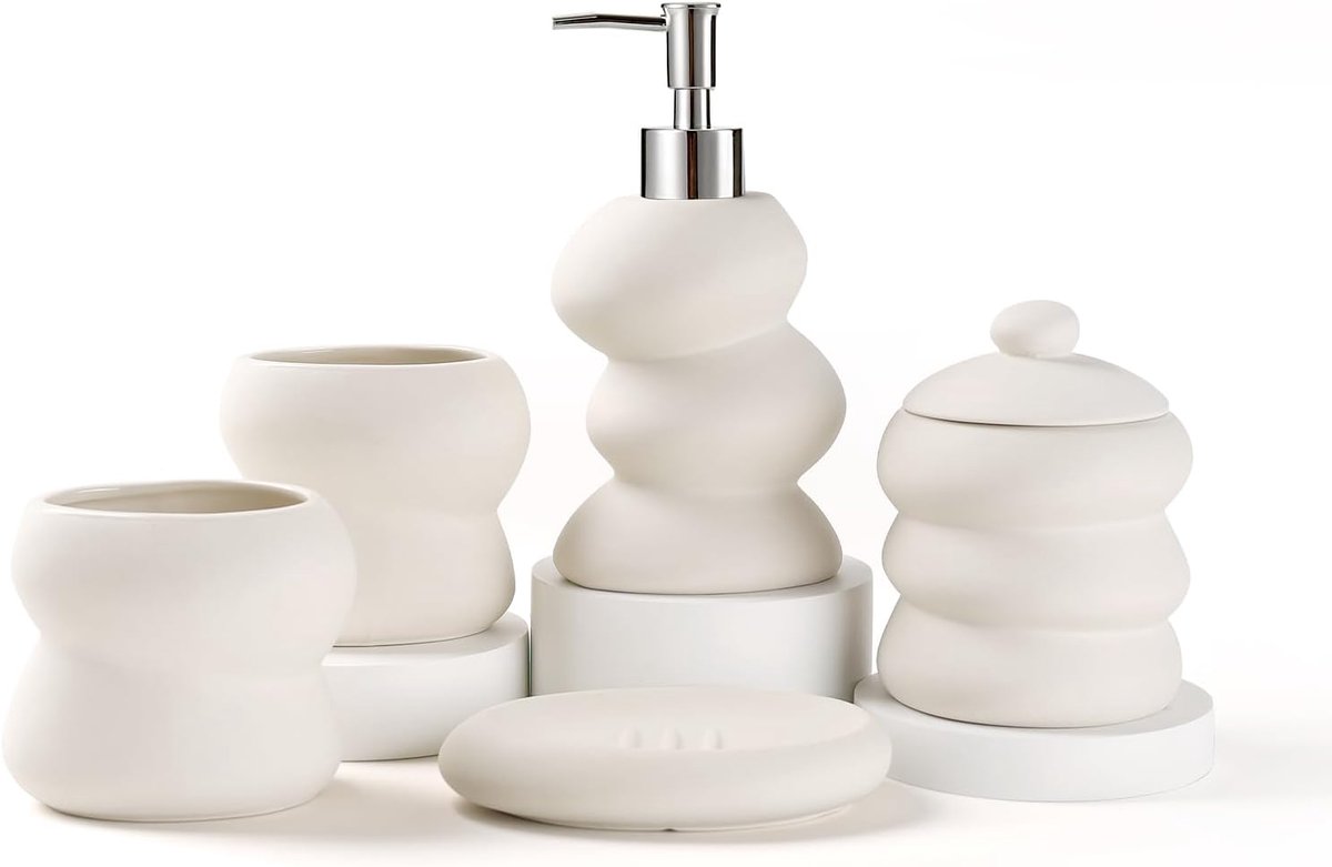 SnelShoppen - Ceramic badkamer set 5-delig, beige, onregelmatige vorm, minimalistische badkameraccessoires met zeepdispenser, tandenborstelhouder, zee