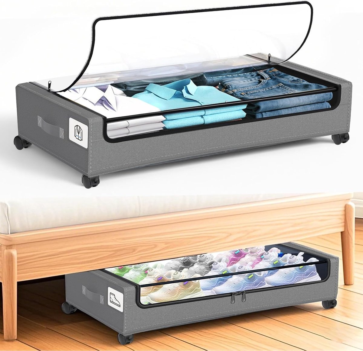 SnelShoppen - 2 stuks opbergdozen voor onder het bed met wielen en deksel, doorzichtige opbergdozen met etiketten, 48 liter oprolbare bedlade voor kle