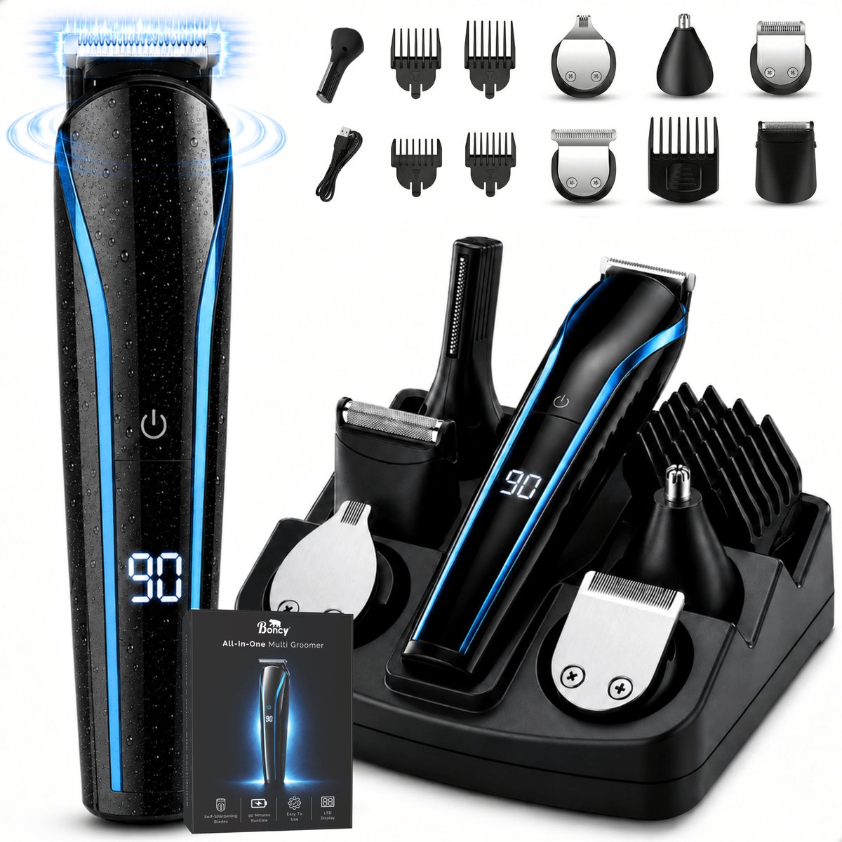Boncy® Premium 11-in-1 Baardtrimmer - 11 Delige Set - Trimmer Mannen Voor Baard Haar & Lichaam - Baardtrimmers & Tondeuse - Neustrimmer Haartrimmer Beard - Inclusief Standaard - LED Display