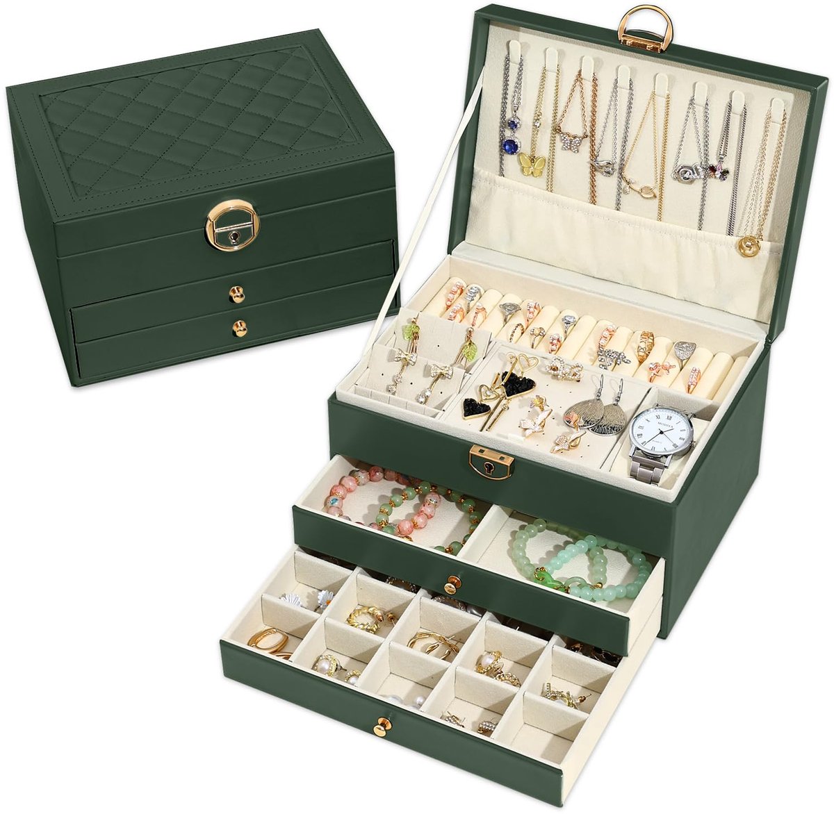 SnelShoppen - Elegante Sieradendoos met 3 Lagen en 2 Laden van Leer in Donkergroen - Ideaal voor Halskettingen, Armbanden, Ringen en Oorbellen