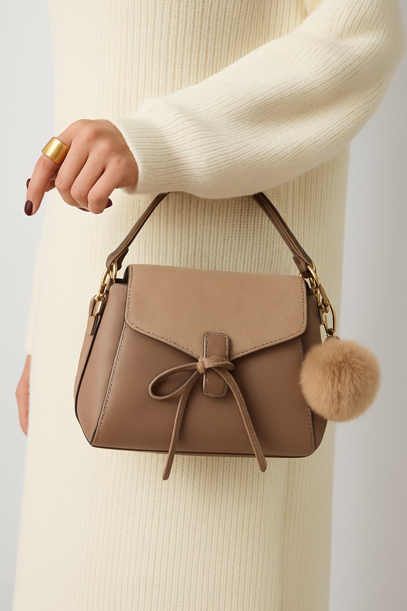 Sleutelhanger - fluffy bal - pluche - beige