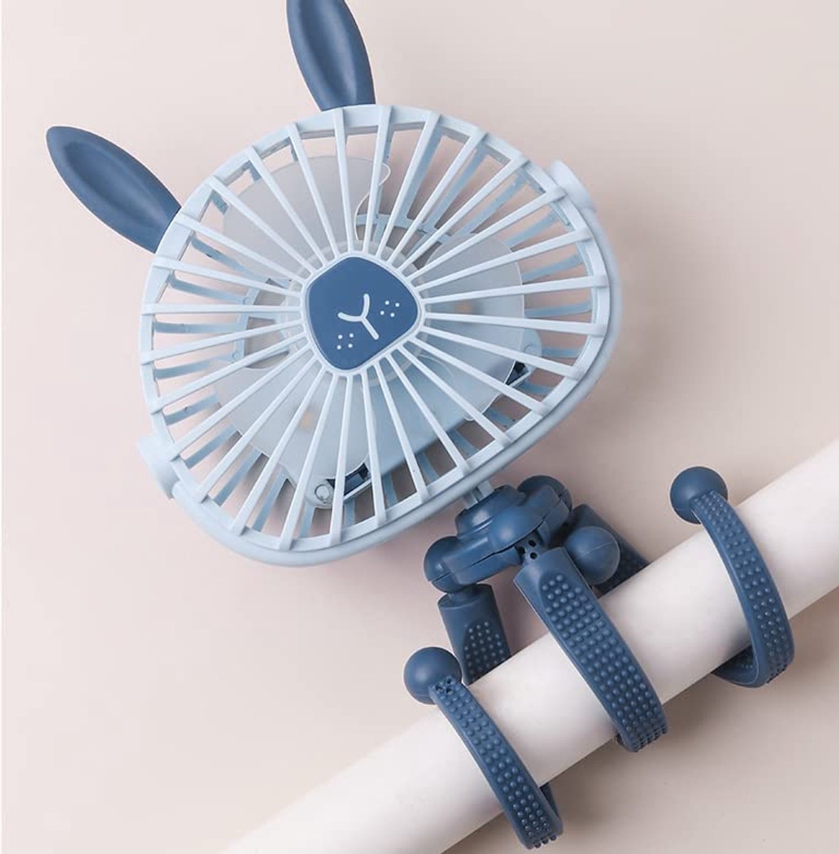 SnelShoppen - Oplaadbare Ventilator voor Kinderwagen met Konijnenoren, Draagbare USB Tafelventilator met Flexibele Voet en LED-Licht voor Wieg, Autost