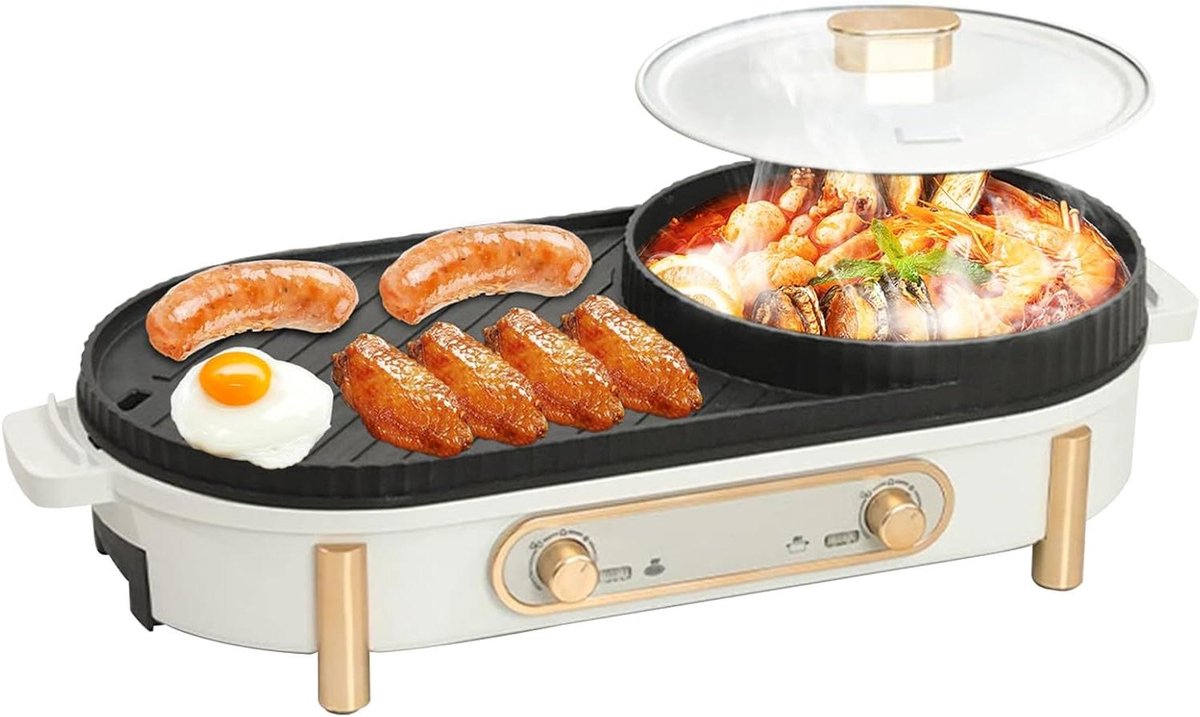 Elektrische Hot Pot - Grill Pan - Samen Eten - 2-In-1 Design - 3-6 Personen - Wit
