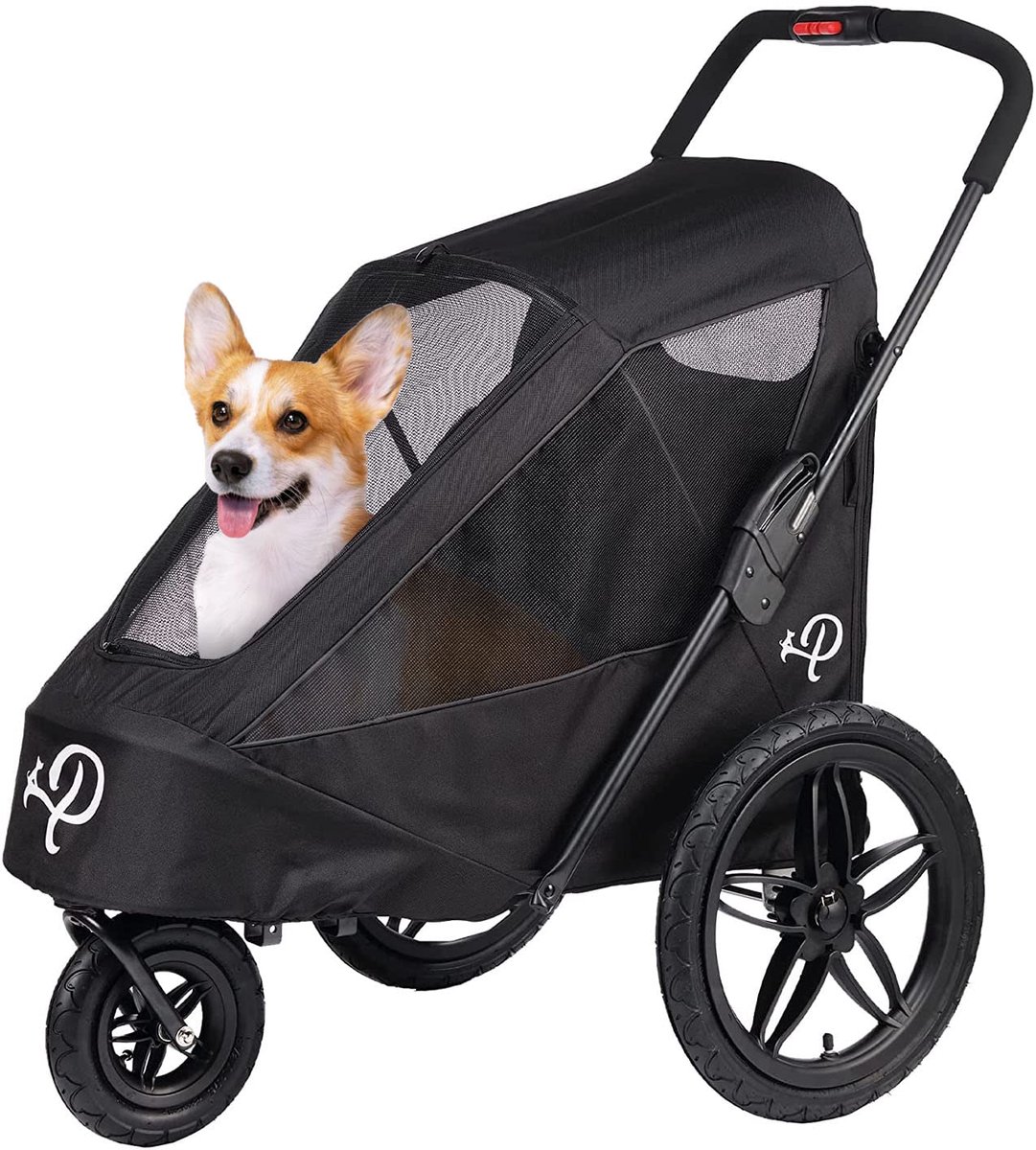 SnelShoppen - Luxe hondenfietskar Breeze Black | Groot formaat jogger | Eenhandig opvouwbaar | Luchtbanden | Inclusief regenhoes, bandenpomp en fietsa