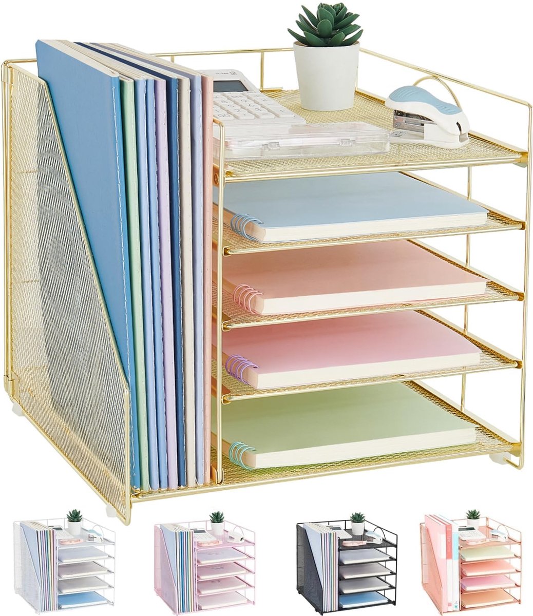 SnelShoppen - Bureau-organizer met 5 niveaus, brieven- en papierbak, bestandshouder, kantooraccessoires organizer, goud, ideaal voor kantoor en werkru