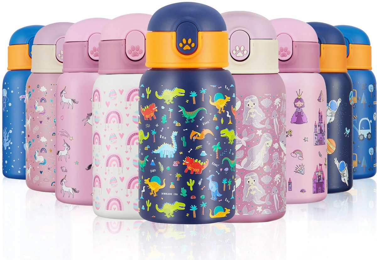 SnelShoppen - 400 ml Drinkfles voor Kinderen met Rietje, Geïsoleerde Dubbelwandige Roestvrij Stalen Waterfles, BPA-vrij, Perfect voor School, Sport en