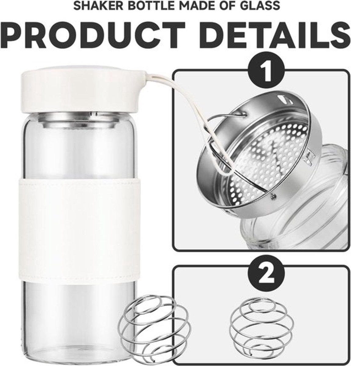 Glazen shaker 16oz voor eiwitshakes en fitness met zeef en mixbal - set van 2